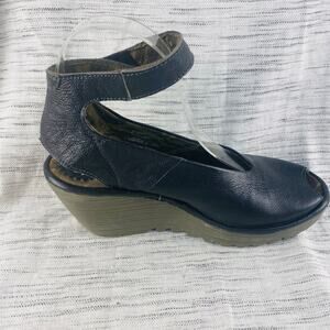 Fly London Black Leather Yala Wedge Peep Toe Ankle Strap Size 37/6.5